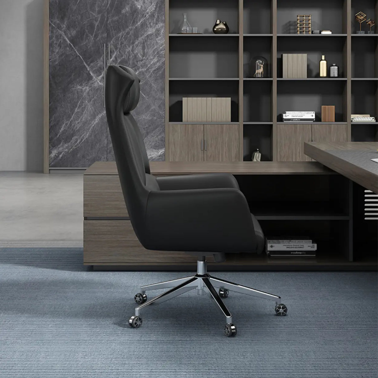 Fixed Arm Black Adjustable Ergonomic Leather Office Chair Image - 4