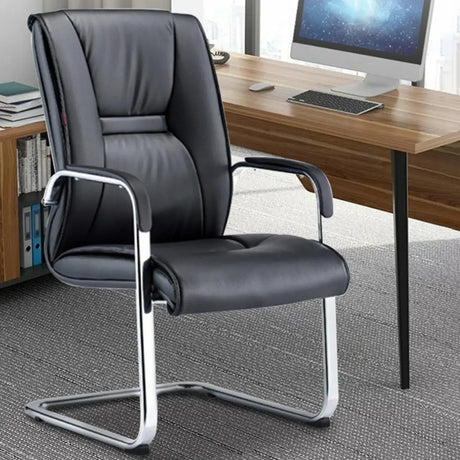 Fixed Arms Black Ergonomic Metal Frame Leather Office Chair Image - 1