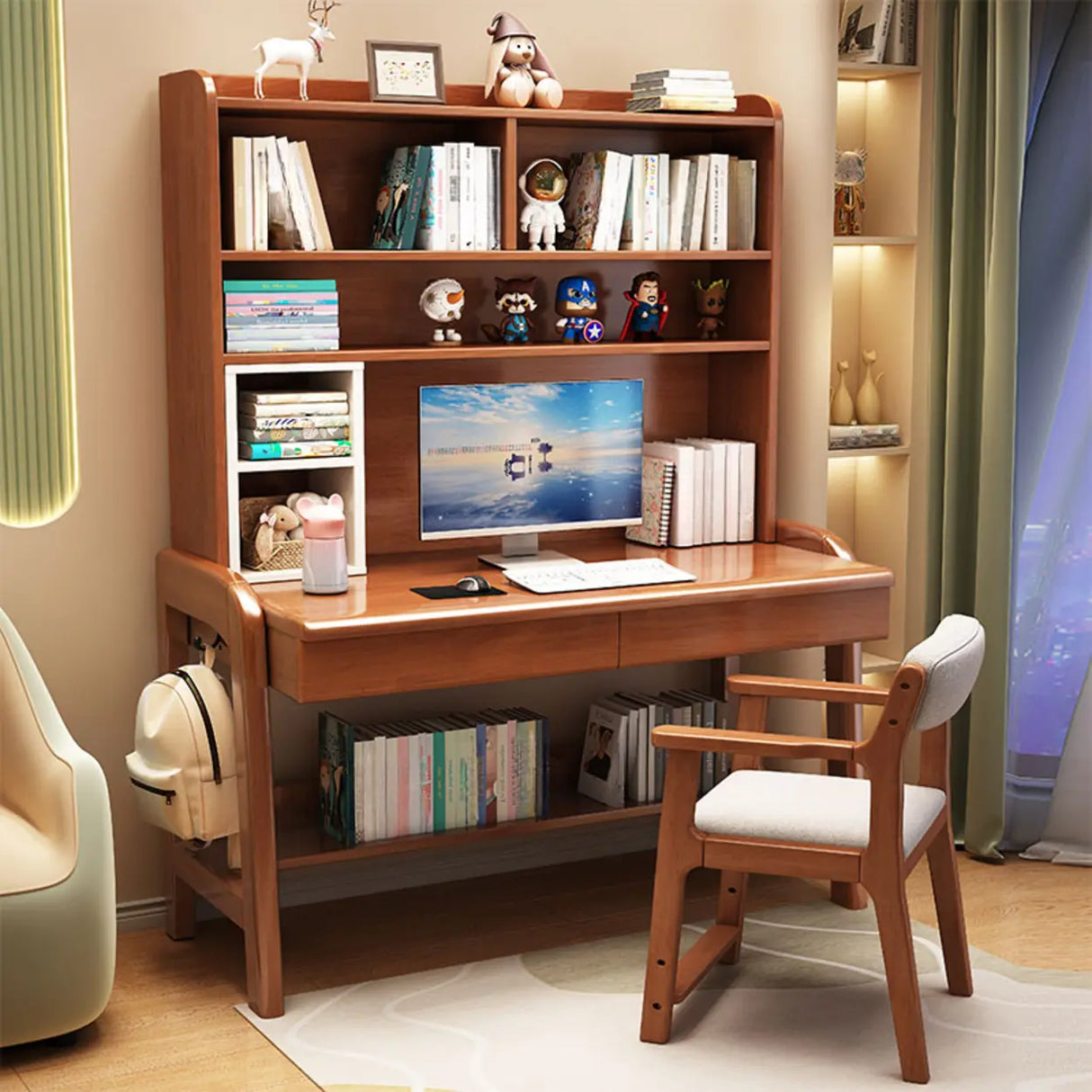 Fixed Wooden Kids Desk with Hutch and Storage Shelves Image - 1