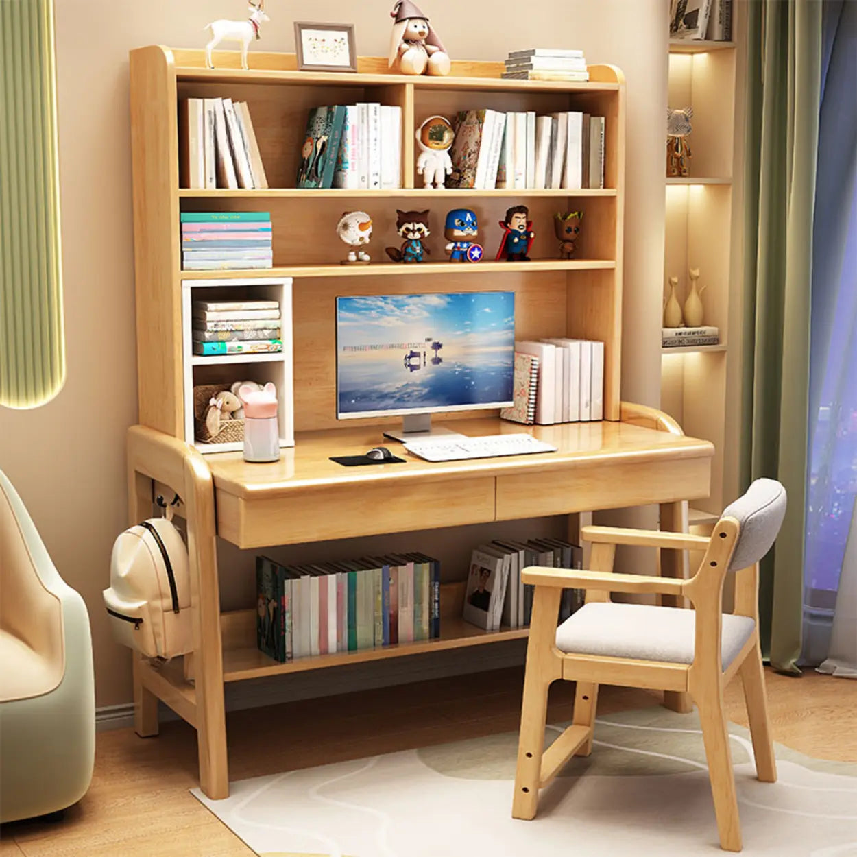 Fixed Wooden Kids Desk with Hutch and Storage Shelves Image - 2