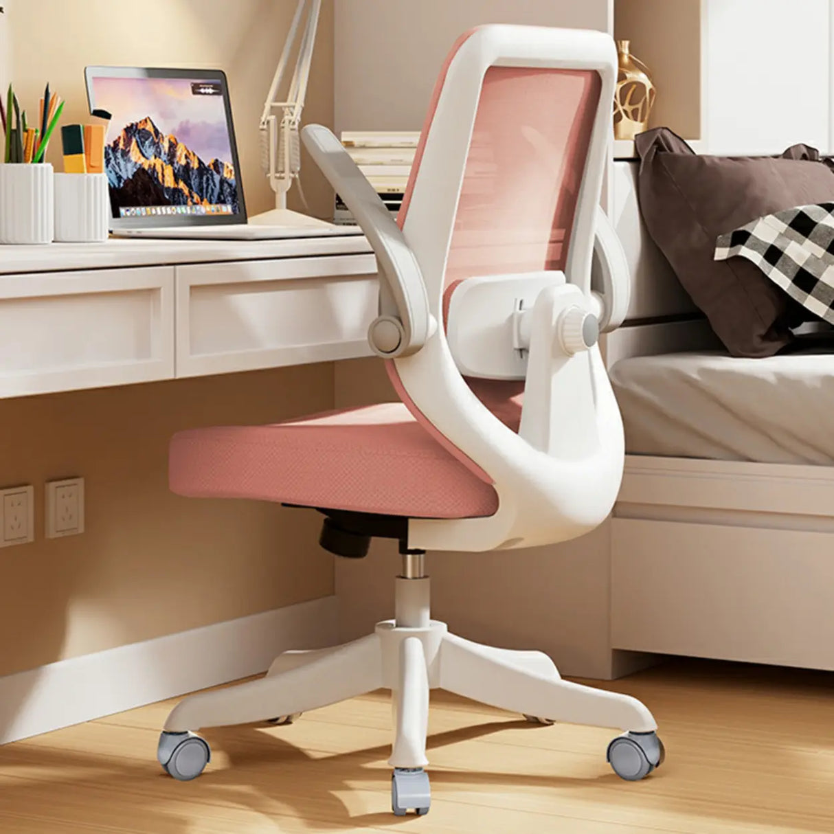 Flip Arm White Ergonomic Mesh Swivel Task Office Chair Image - 14