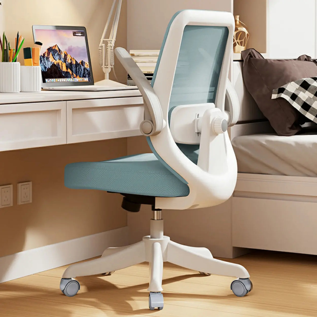 Flip Arm White Ergonomic Mesh Swivel Task Office Chair Image - 15