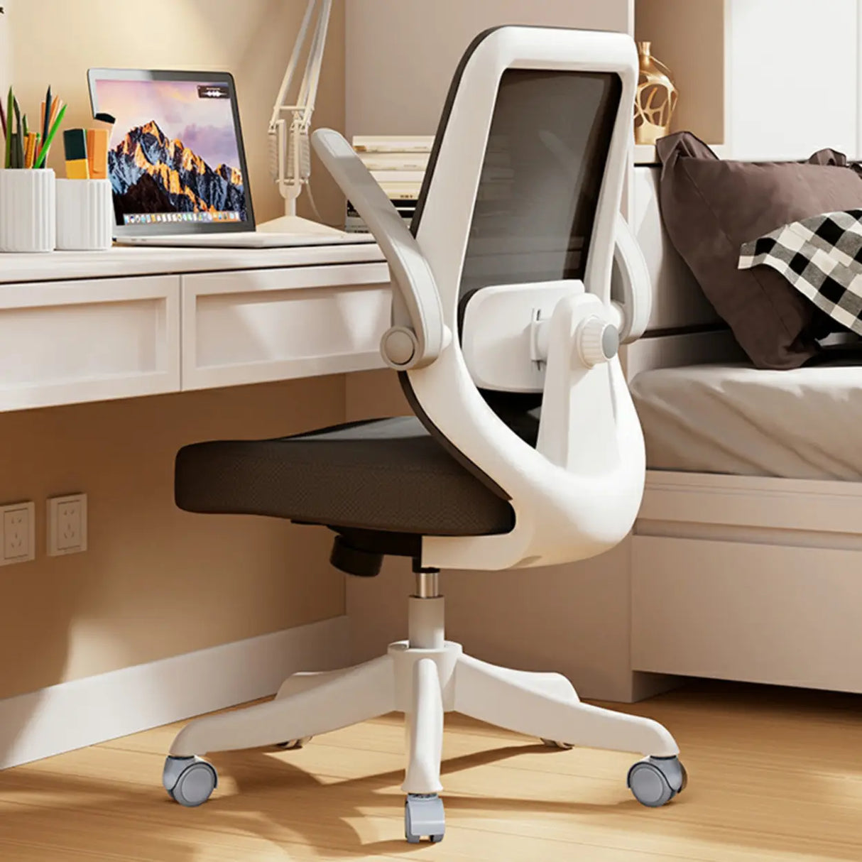 Flip Arm White Ergonomic Mesh Swivel Task Office Chair Image - 17