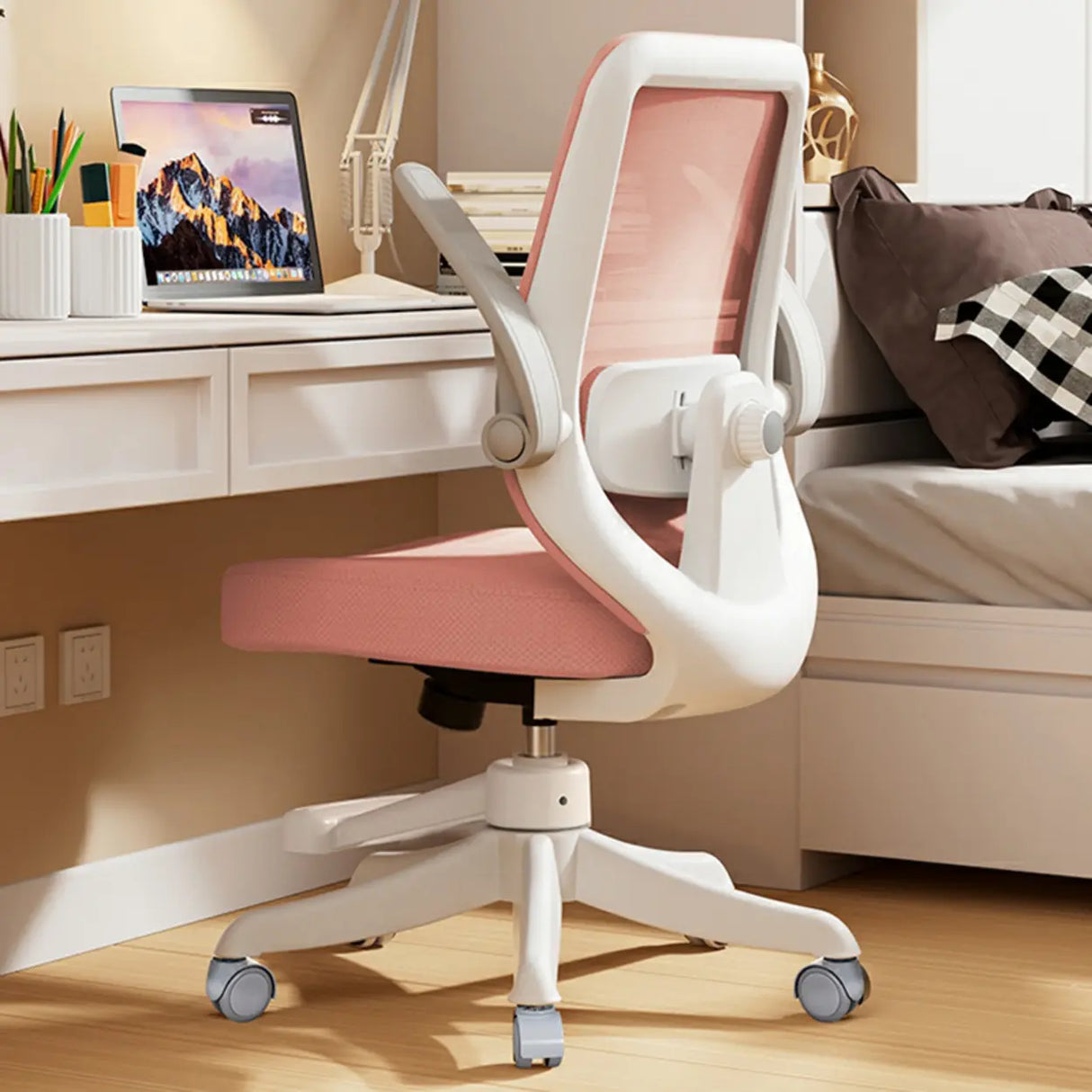 Flip Arm White Ergonomic Mesh Swivel Task Office Chair Image - 3