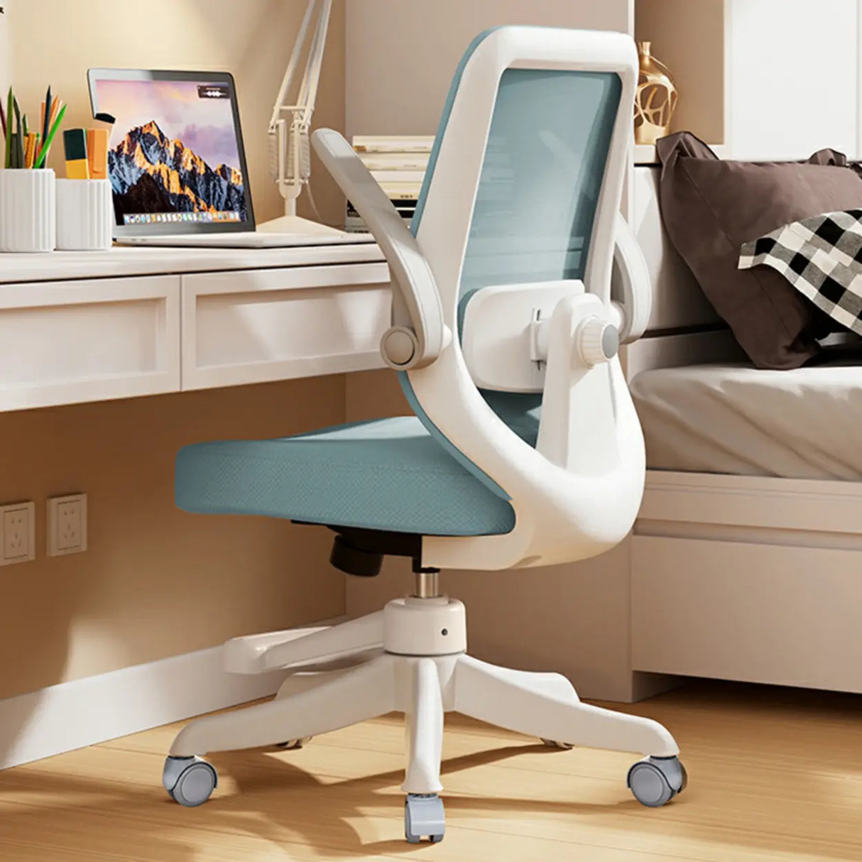 Flip Arm White Ergonomic Mesh Swivel Task Office Chair Image - 5