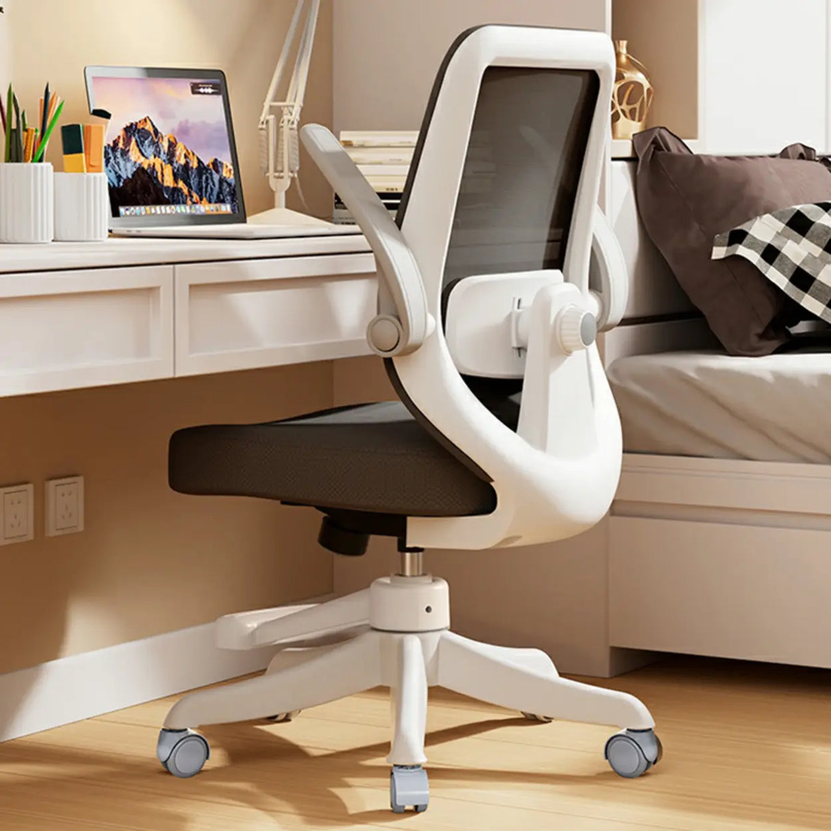 Flip Arm White Ergonomic Mesh Swivel Task Office Chair Image - 7