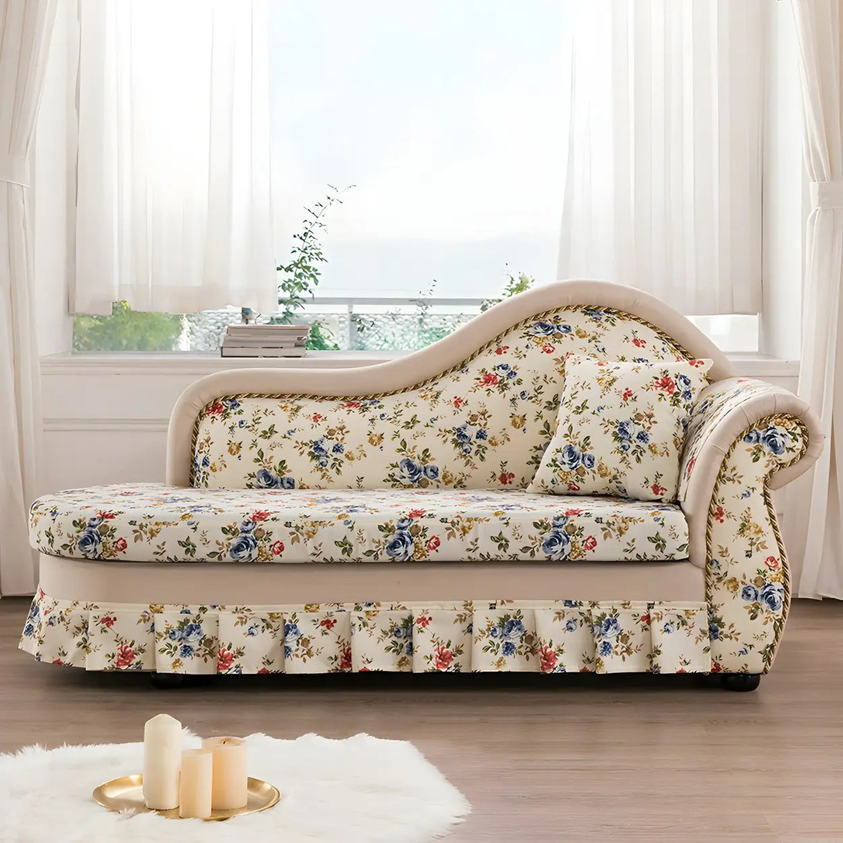 Floral Curved Fabric Solid Color Chaise Sofa Lounge Image - 14