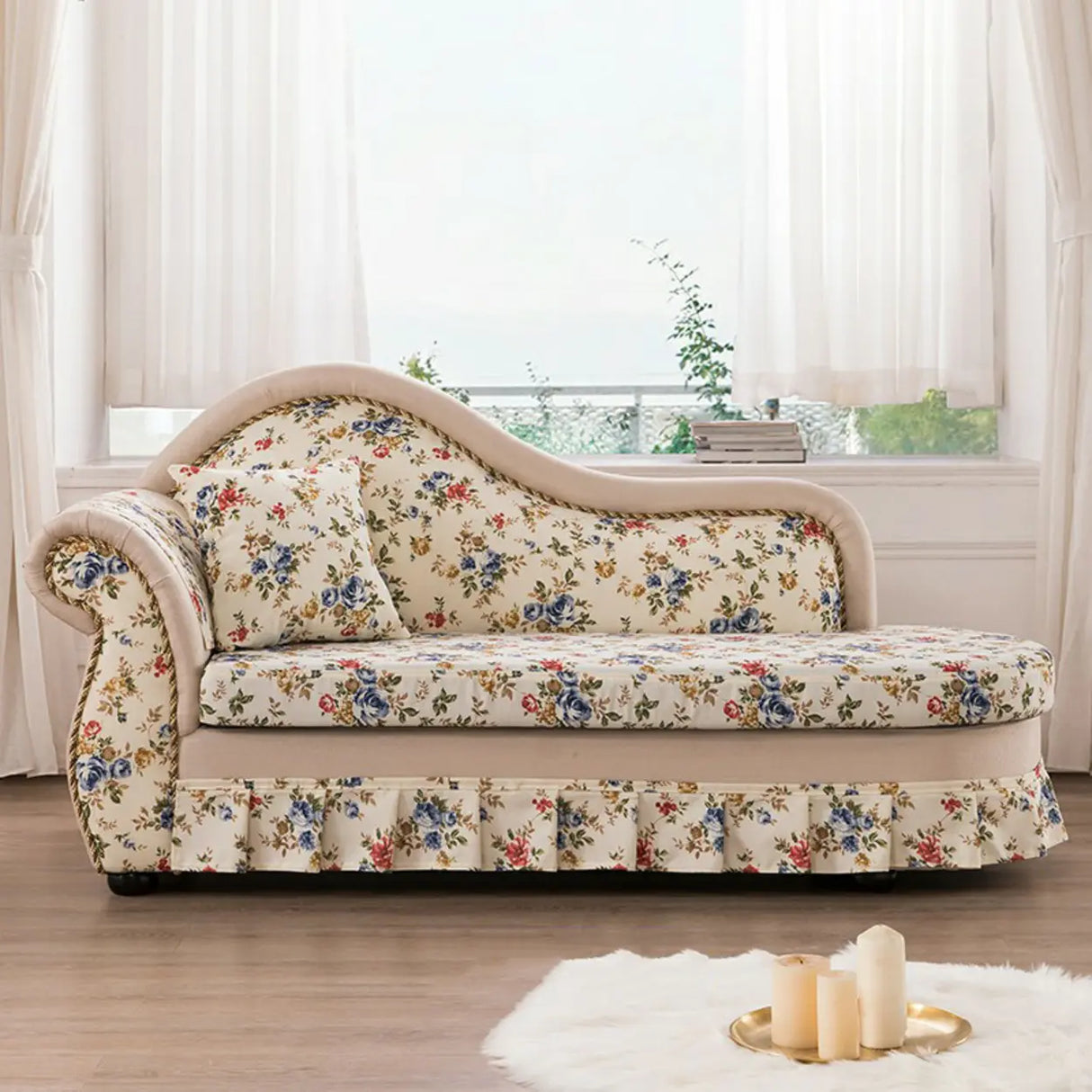 Floral Curved Fabric Solid Color Chaise Sofa Lounge Image - 3