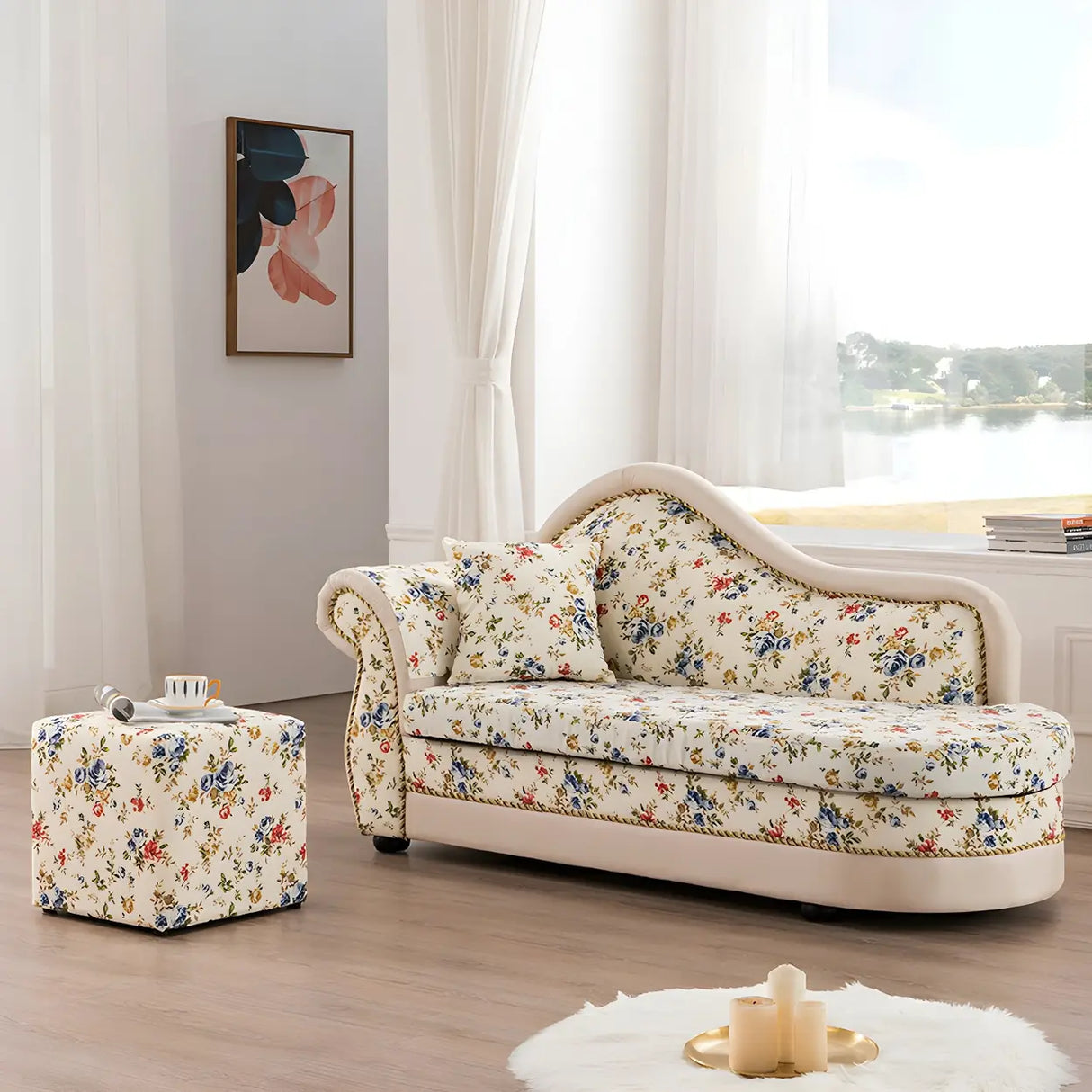 Floral Curved Fabric Solid Color Chaise Sofa Lounge Image - 4