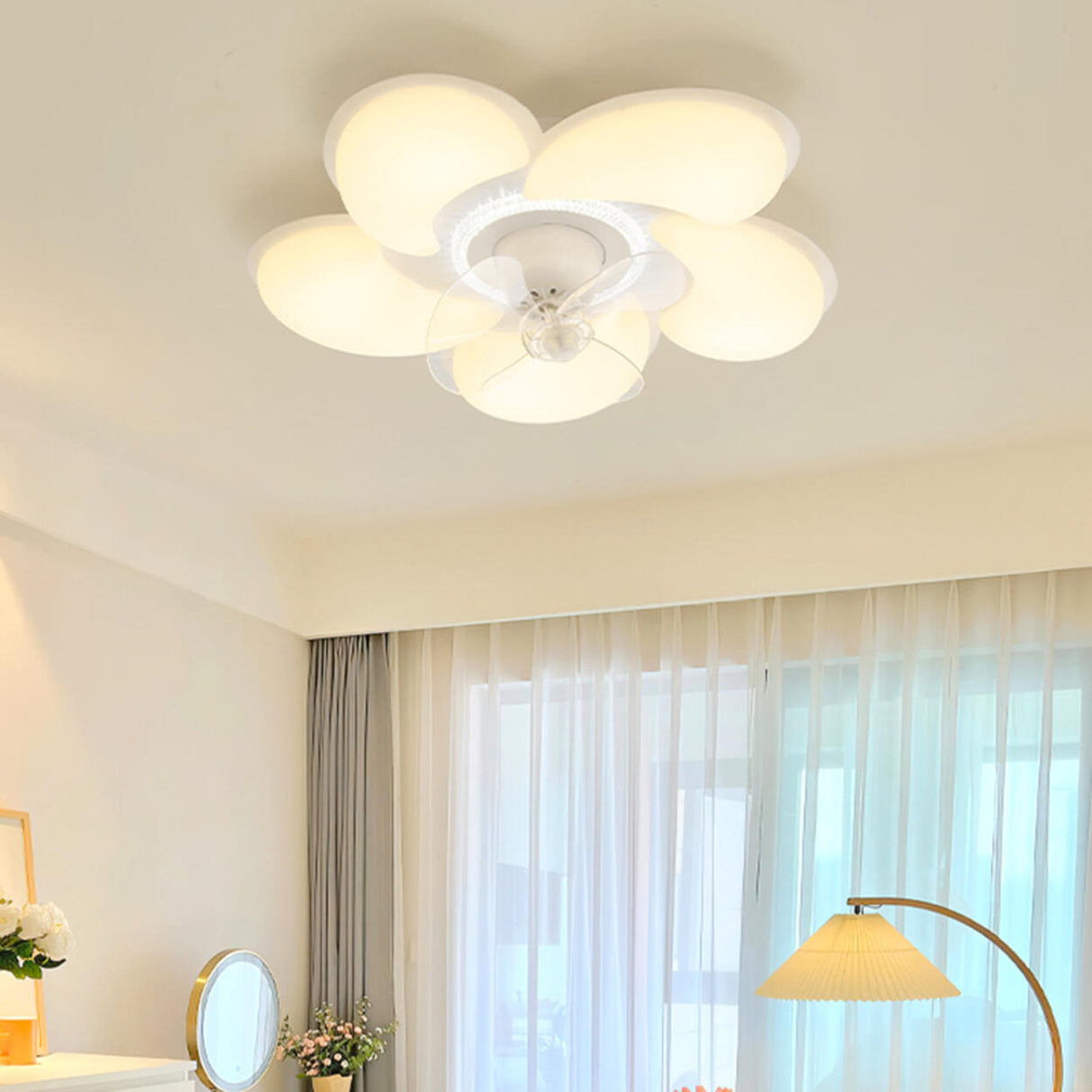 Flower Remote Flush Mount Ceiling Fan with LED Light Image - 1