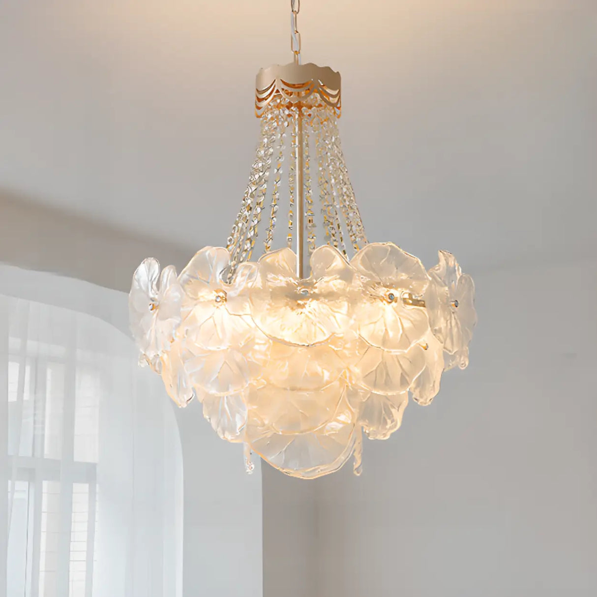 Flower White Frosted Glass Crystal Beads Tiered Chandelier Image - 2