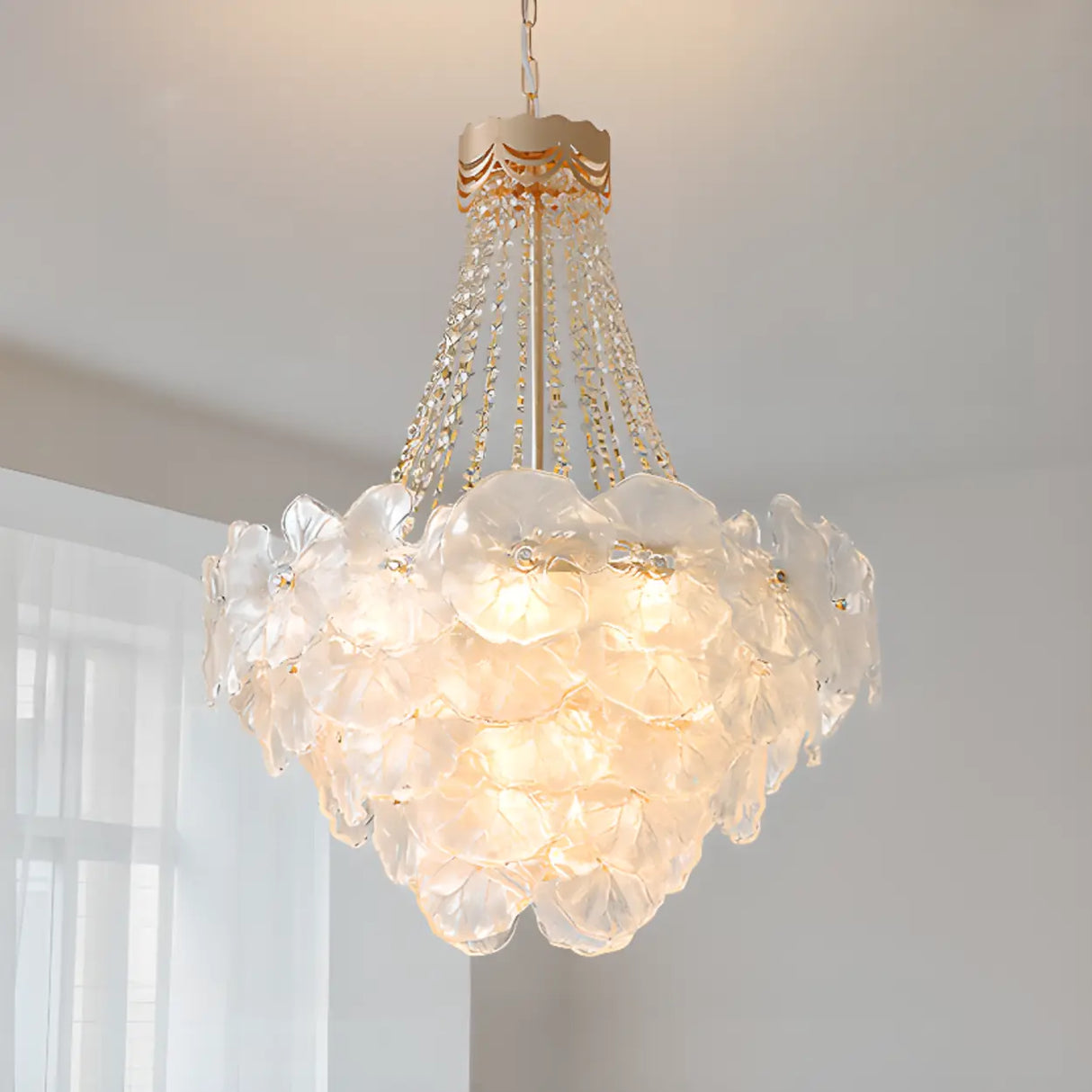 Flower White Frosted Glass Crystal Beads Tiered Chandelier Image - 7