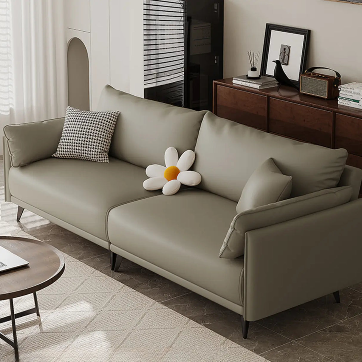 Foldable Beige Leather Square Arm Pillow Back Sleeper Image - 15
