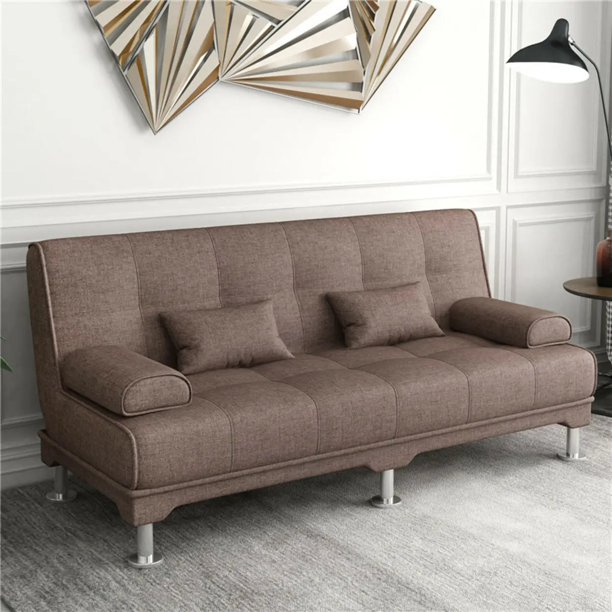 Foldable Coffee Linen Biscuit Back Silver Leg Sleeper Image - 1