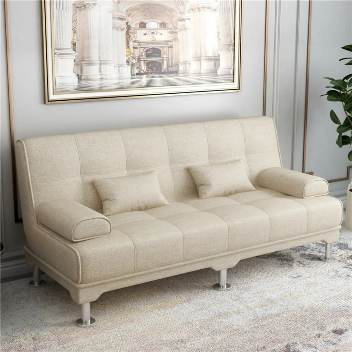 Foldable Coffee Linen Biscuit Back Silver Leg Sleeper Image - 5