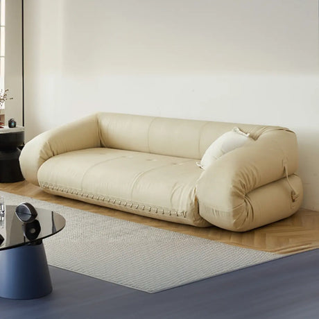 Foldable Curved Leather Tuxedo Arm Beige Sleeper Sofa Image - 1