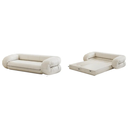 Foldable Curved Leather Tuxedo Arm Beige Sleeper Sofa Image - 2