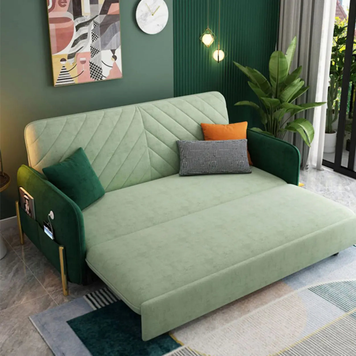 Foldable Green Flannel Square Arm Tight Back Sleeper Image - 4