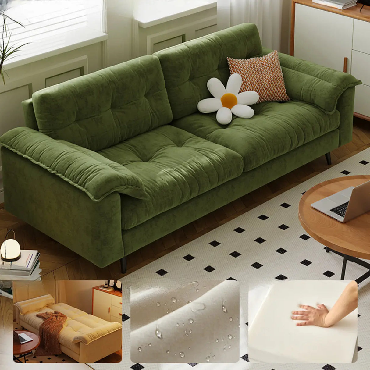 Foldable Green Snowflake Velvet Tufted Back Sleeper Image - 3
