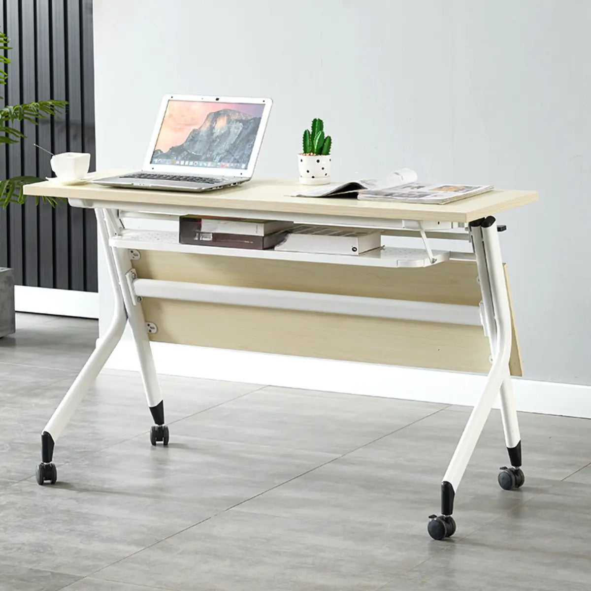 Foldable	Movable Wooden Shelf Double Computer Desk Image - 2