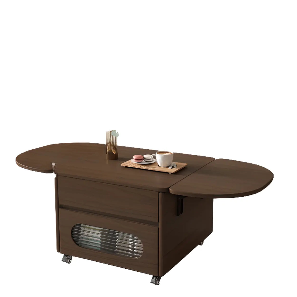 Foldable Oval Brown Wood Drawer Coffee Table with Wheel Image - 5