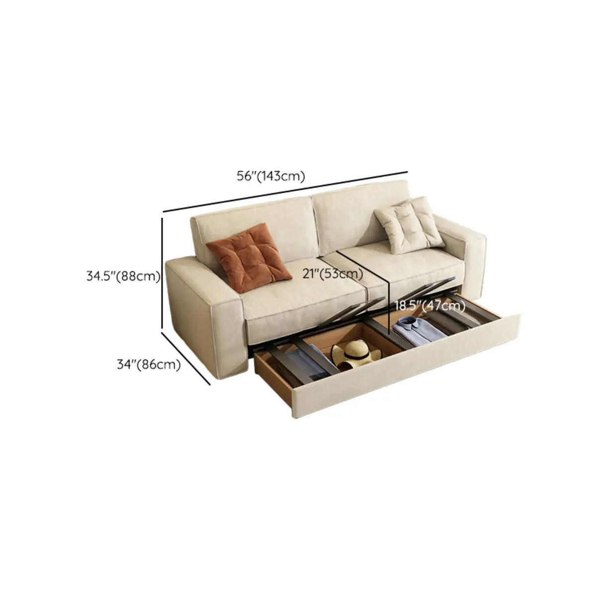 Foldable Square Beige Fabric Pillow Back Sleeper Sofa 