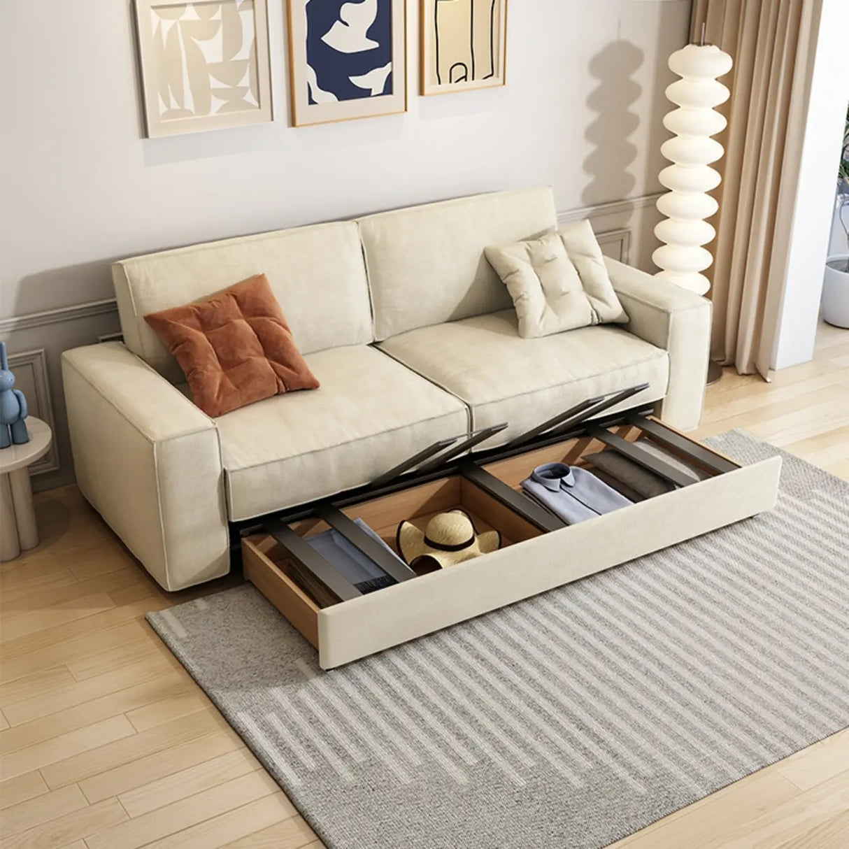 Foldable Square Beige Fabric Pillow Back Sleeper Sofa Image - 3