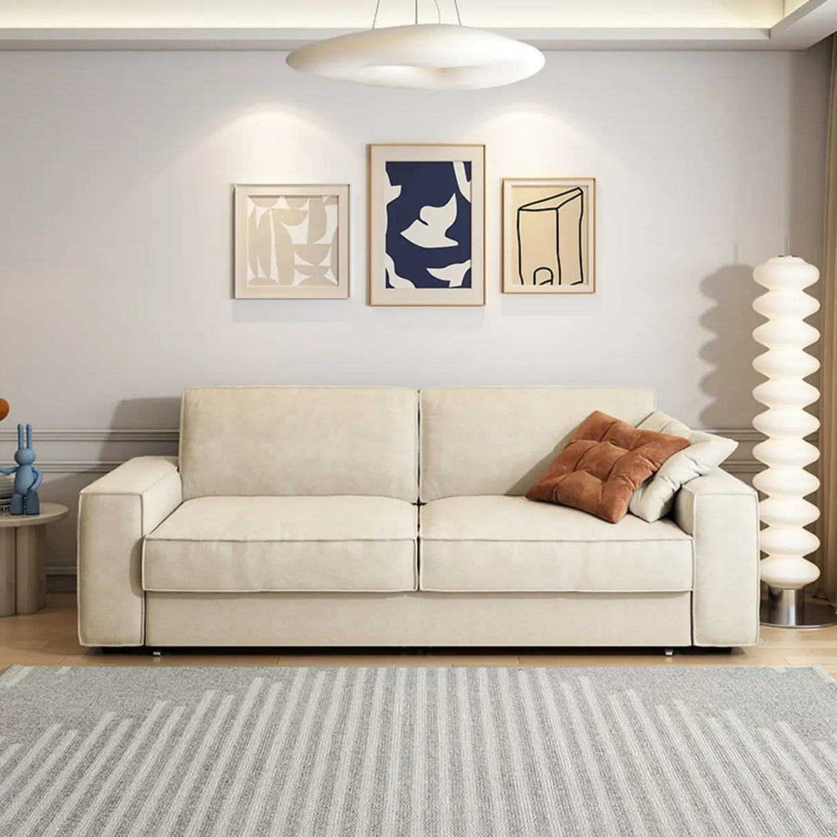 Foldable Square Beige Fabric Pillow Back Sleeper Sofa Image - 4
