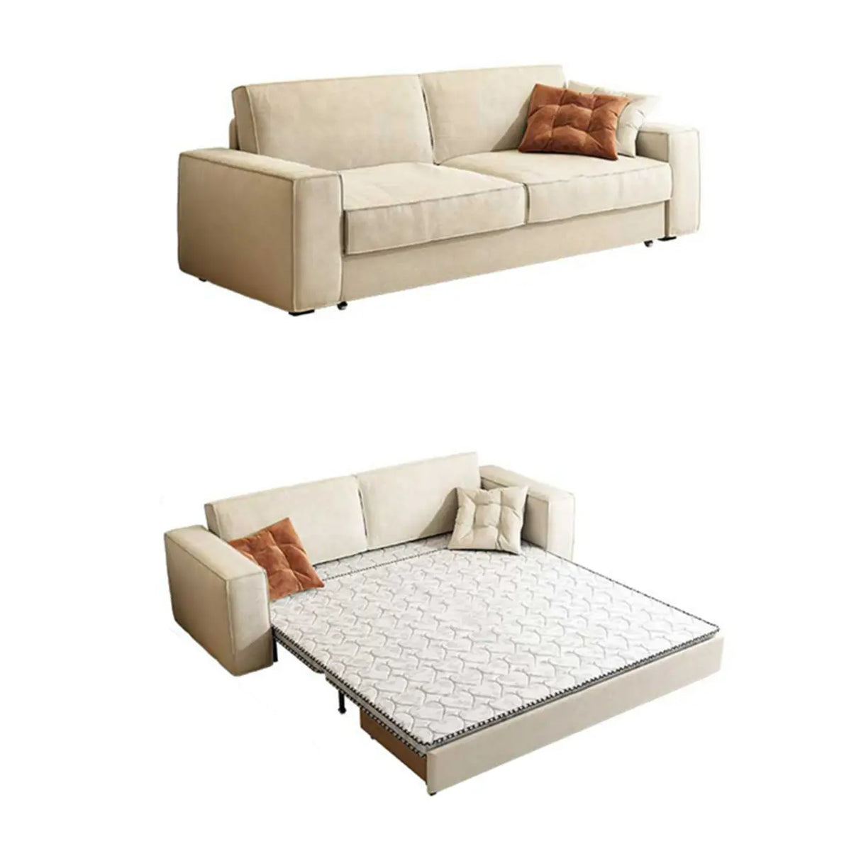 Foldable Square Beige Fabric Pillow Back Sleeper Sofa Image - 5