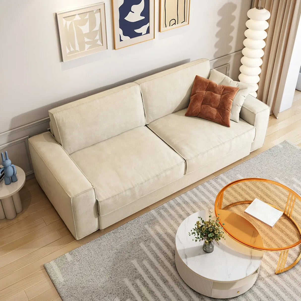 Foldable Square Beige Fabric Pillow Back Sleeper Sofa Image - 9