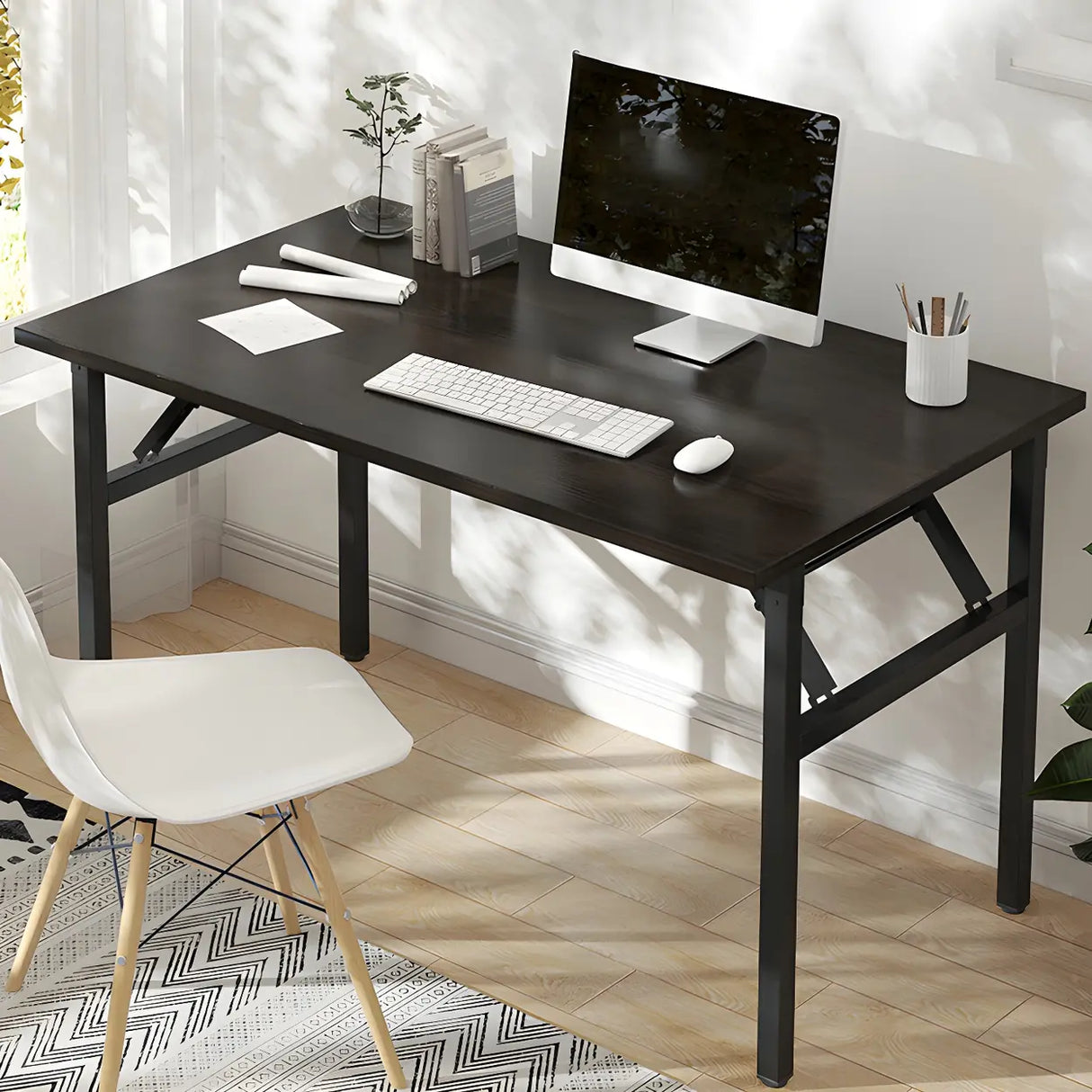 Foldable Steel Base Manufactured Wood Writing Desk Image - 1