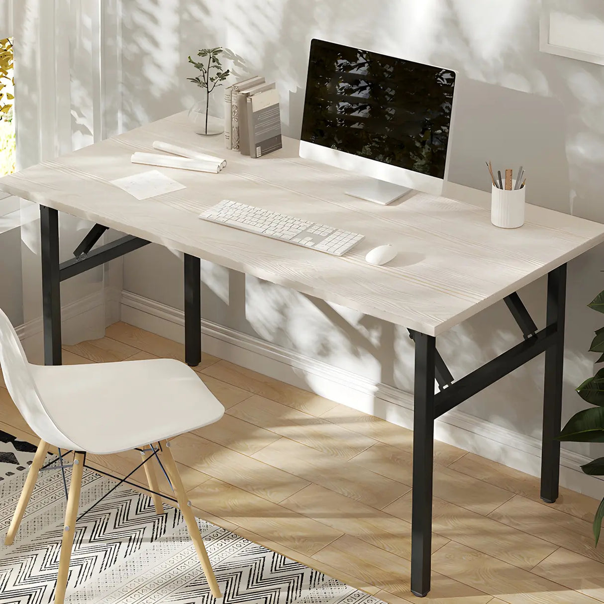 Foldable Steel Base Manufactured Wood Writing Desk Image - 3