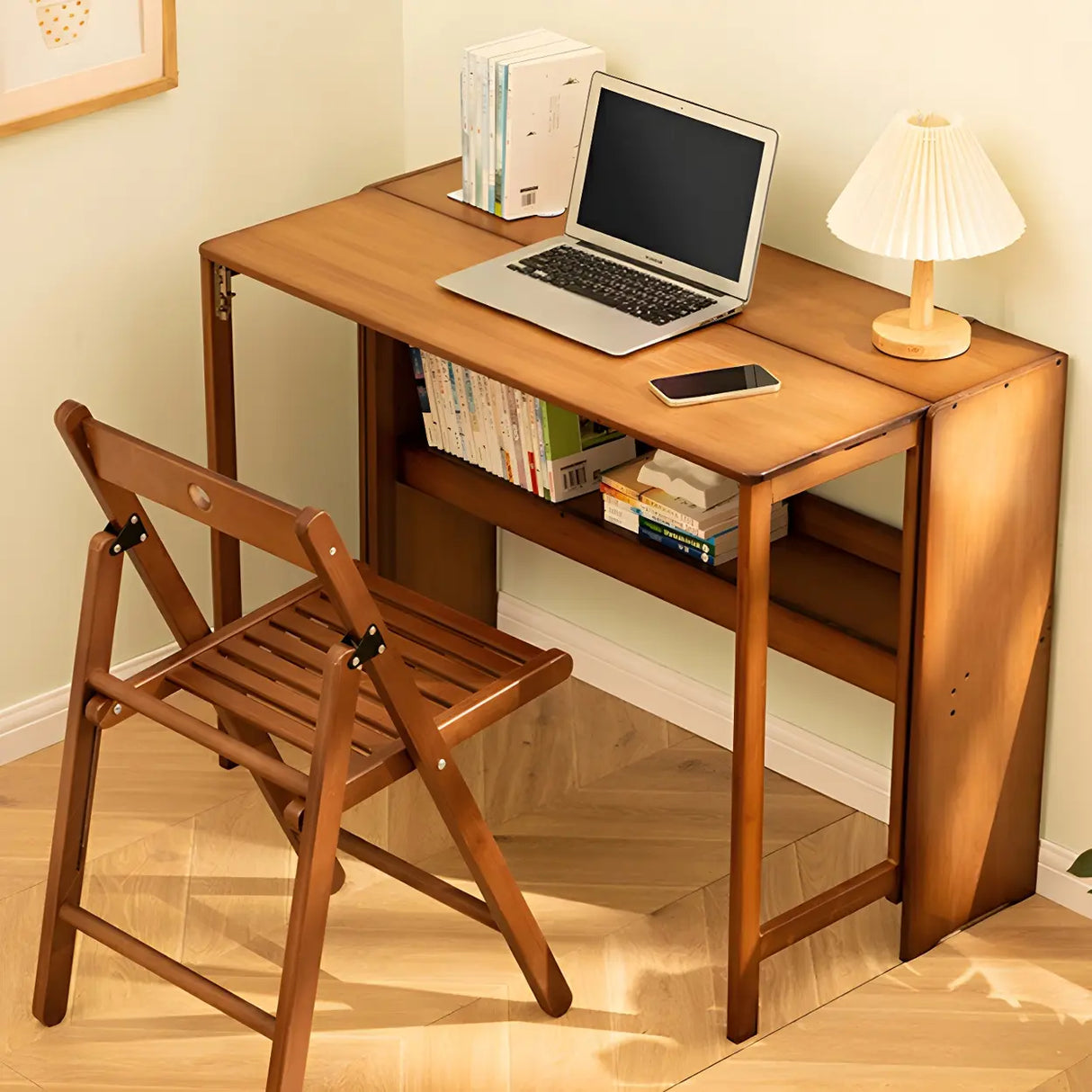 Foldable Wood H-Shape Base Exterior Shelf Writing Desk Image - 1