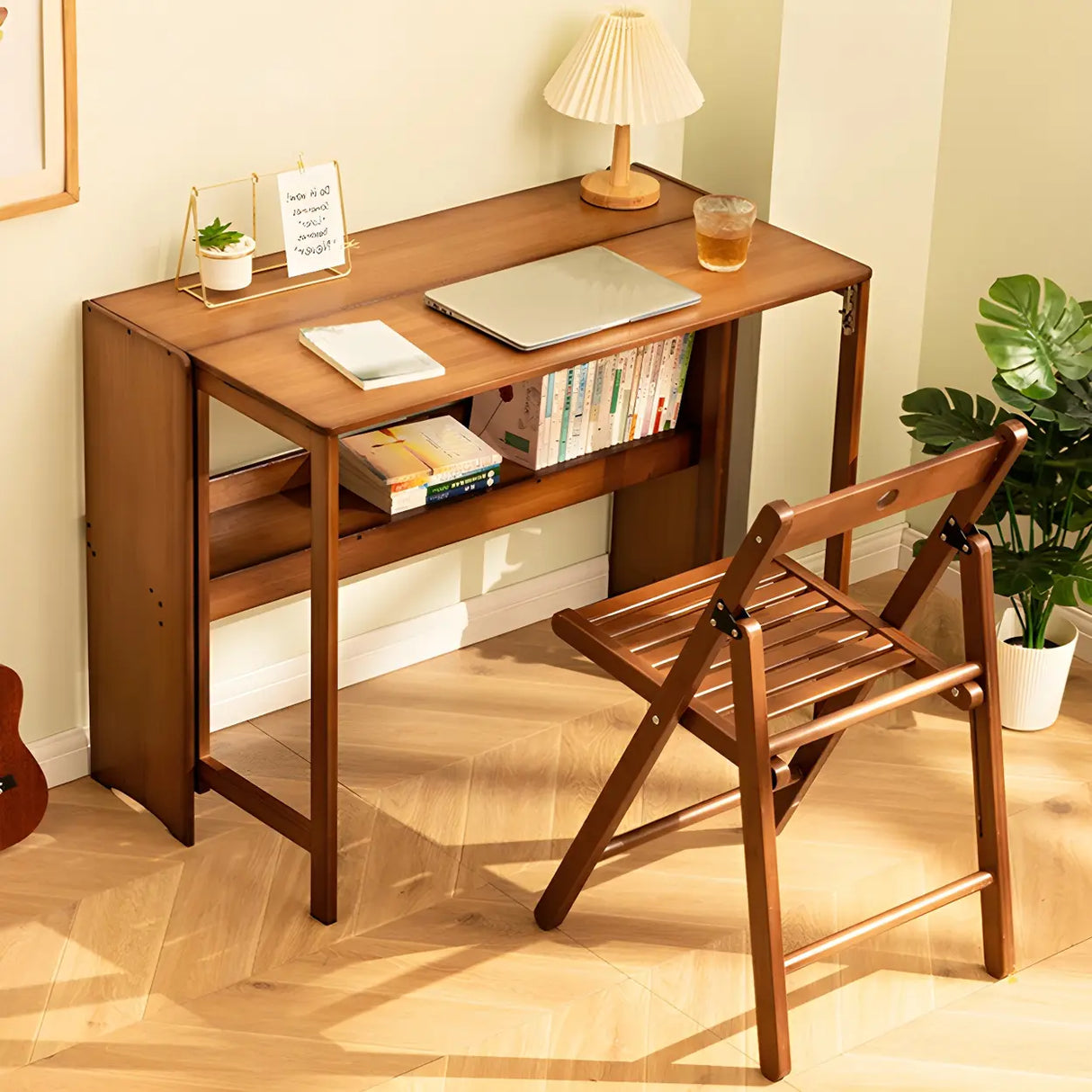 Foldable Wood H-Shape Base Exterior Shelf Writing Desk Image - 15
