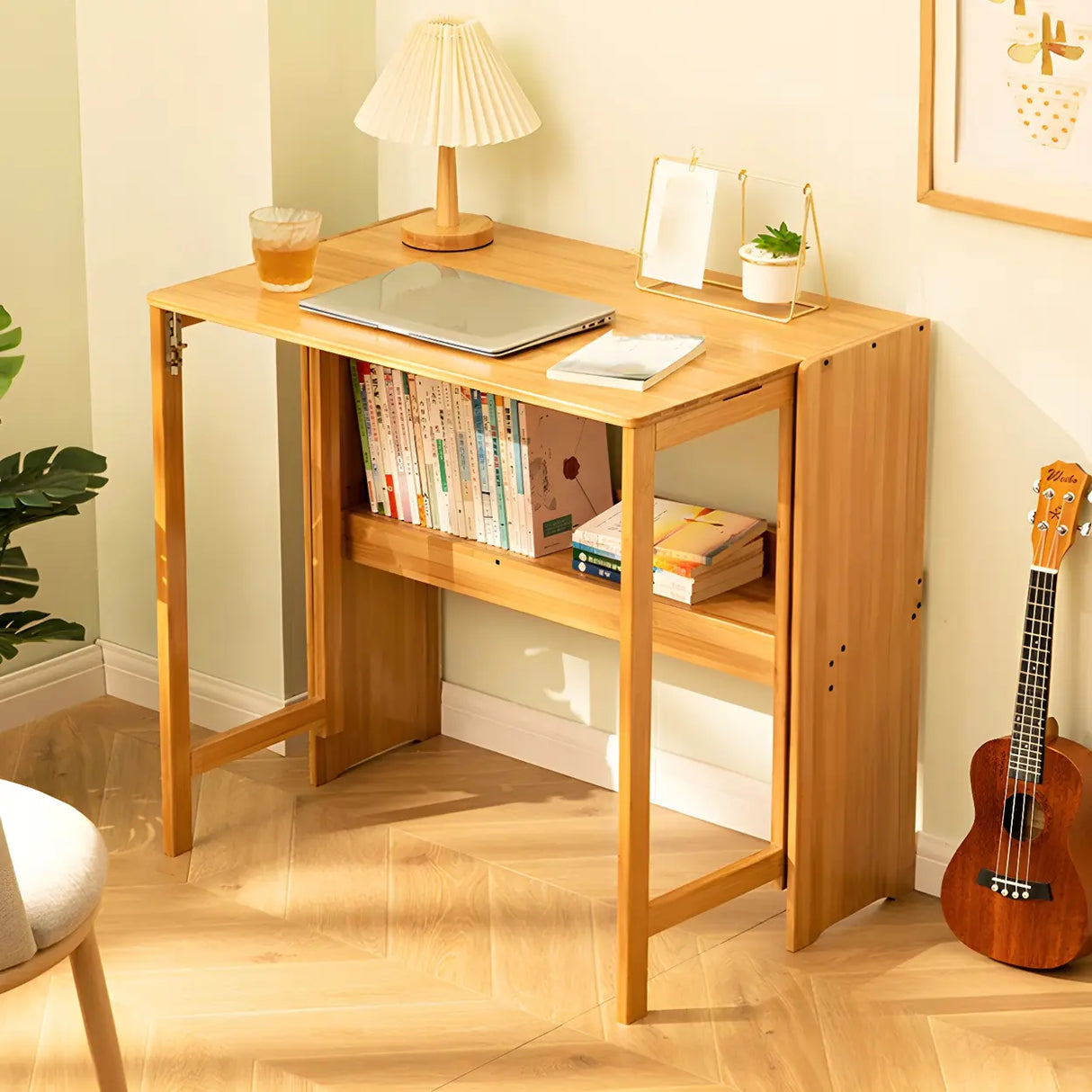 Foldable Wood H-Shape Base Exterior Shelf Writing Desk Image - 17