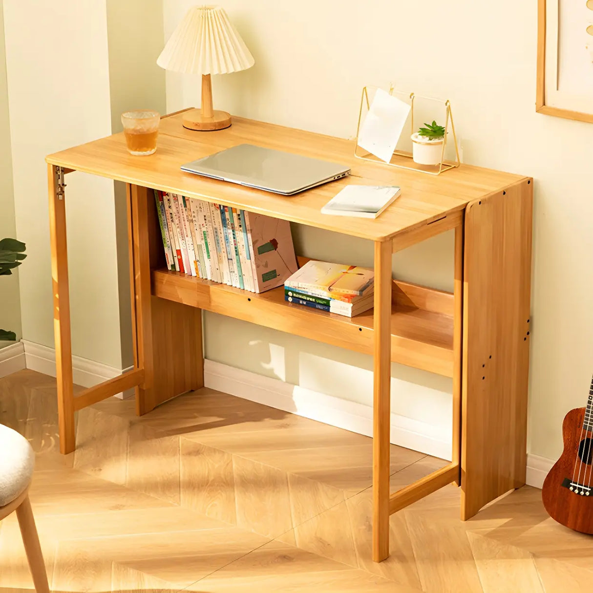 Foldable Wood H-Shape Base Exterior Shelf Writing Desk Image - 18
