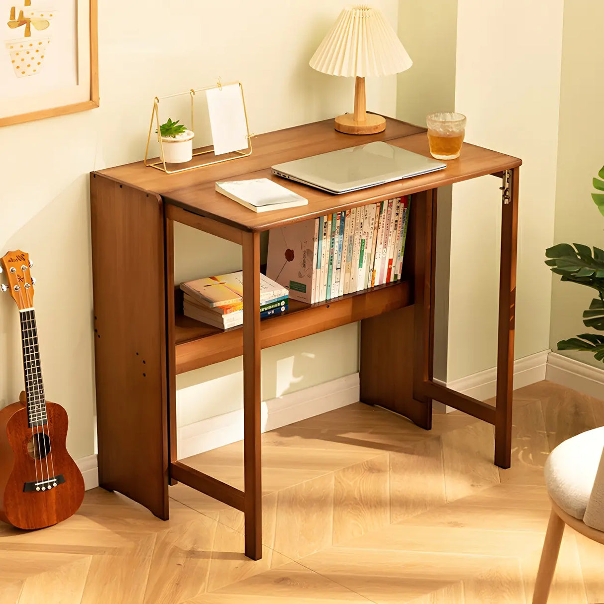 Foldable Wood H-Shape Base Exterior Shelf Writing Desk Image - 2