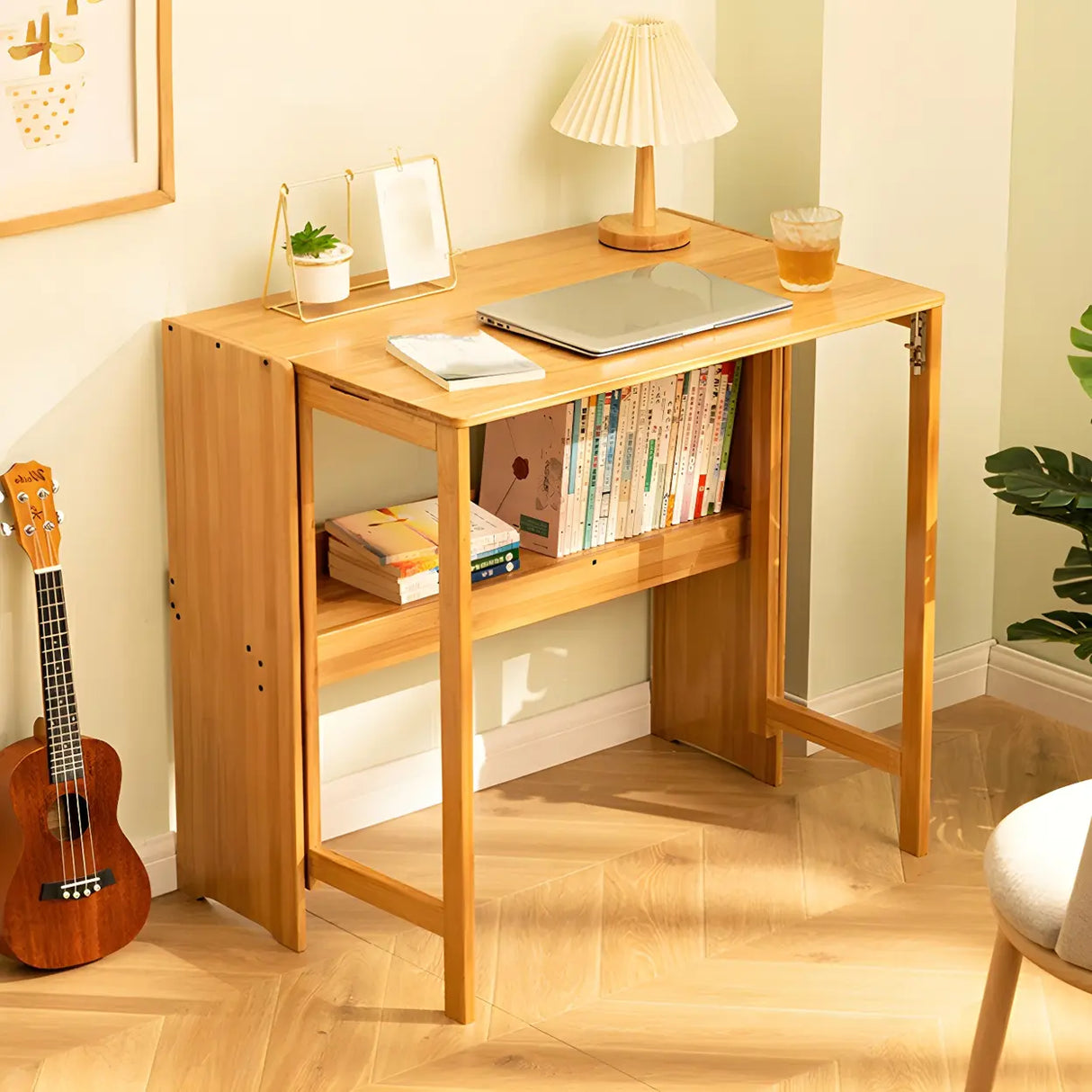 Foldable Wood H-Shape Base Exterior Shelf Writing Desk Image - 3