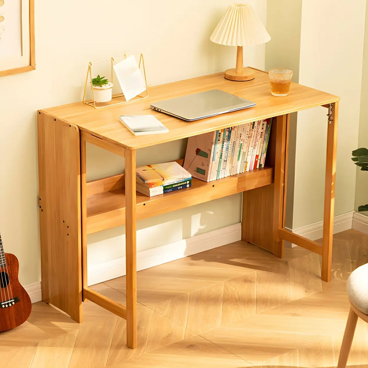 Foldable Wood H-Shape Base Exterior Shelf Writing Desk Image - 7