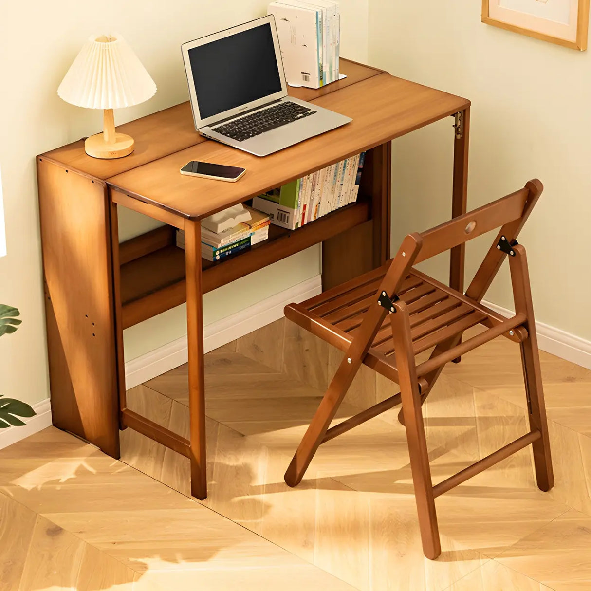 Foldable Wood H-Shape Base Exterior Shelf Writing Desk Image - 8