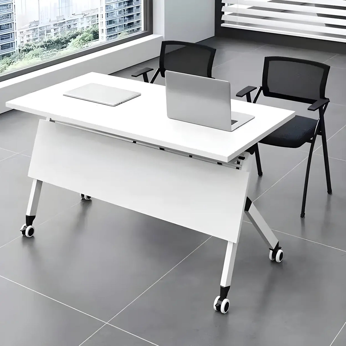 Foldable Wood Steel Trestle Writing Desk with Casters Image - 1