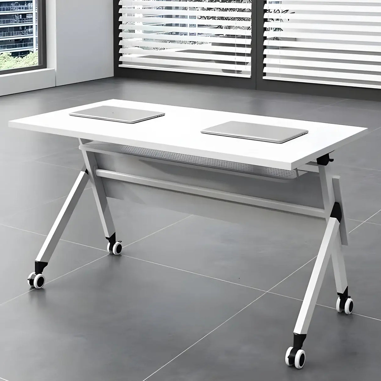 Foldable Wood Steel Trestle Writing Desk with Casters Image - 3