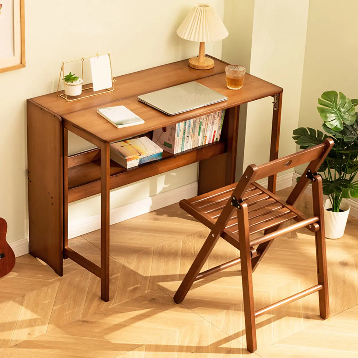 Foldable Wooden Rectangular Kids Desk with Shelf Image - 1