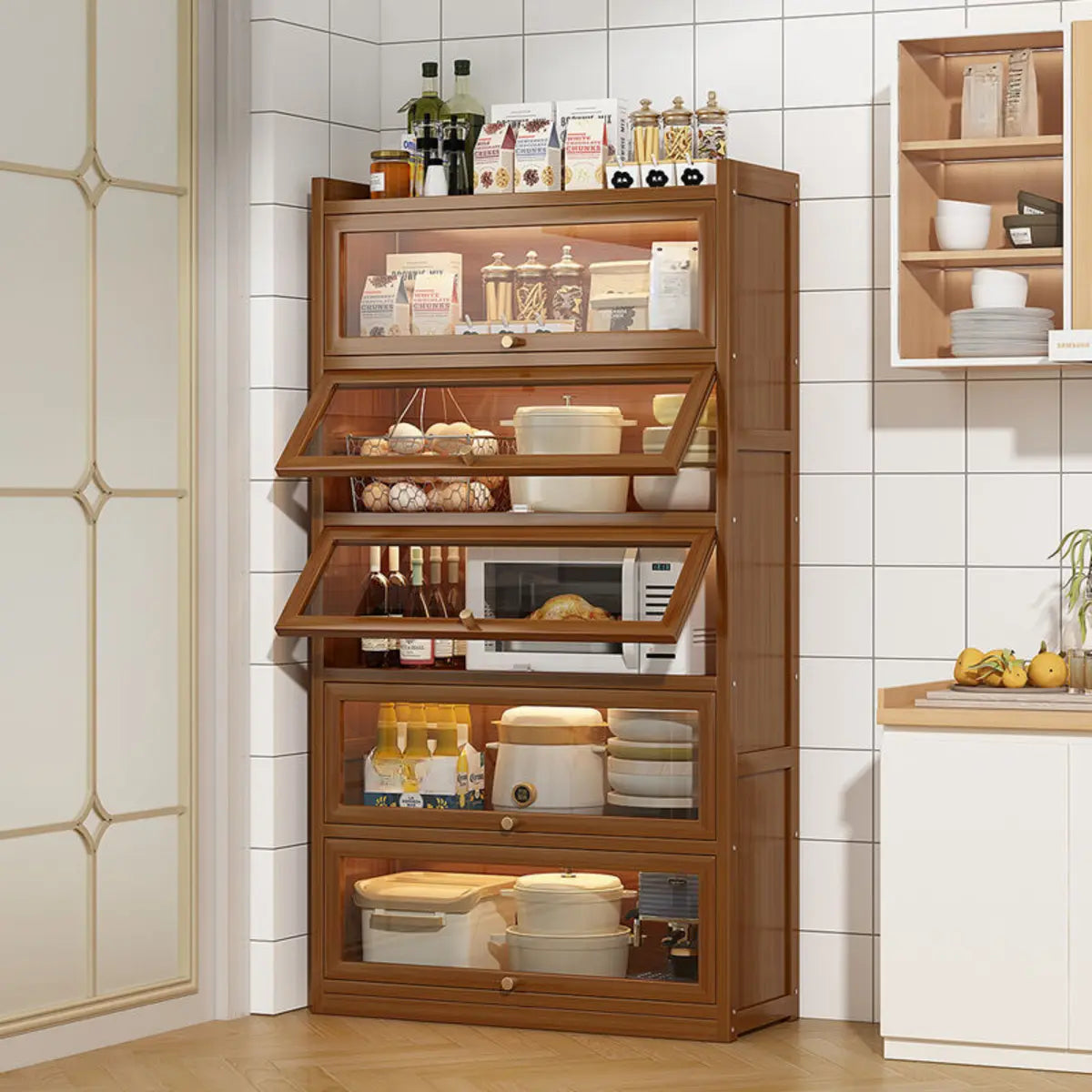 Freestanding Tall Wooden Tan Clear Doors Storage Sideboard Image - 2