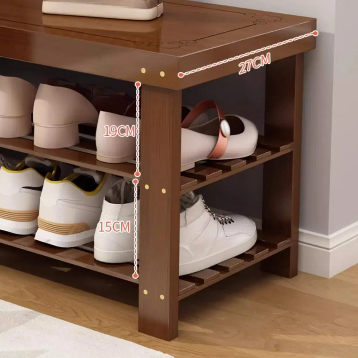 Freestanding Wood Bench Entryway Brown Medium Shoe Rack Image - 11