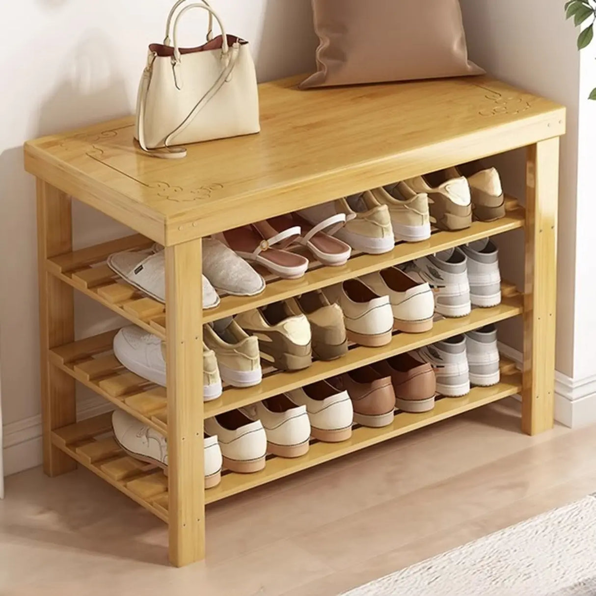 Freestanding Wood Bench Entryway Brown Medium Shoe Rack Image - 12