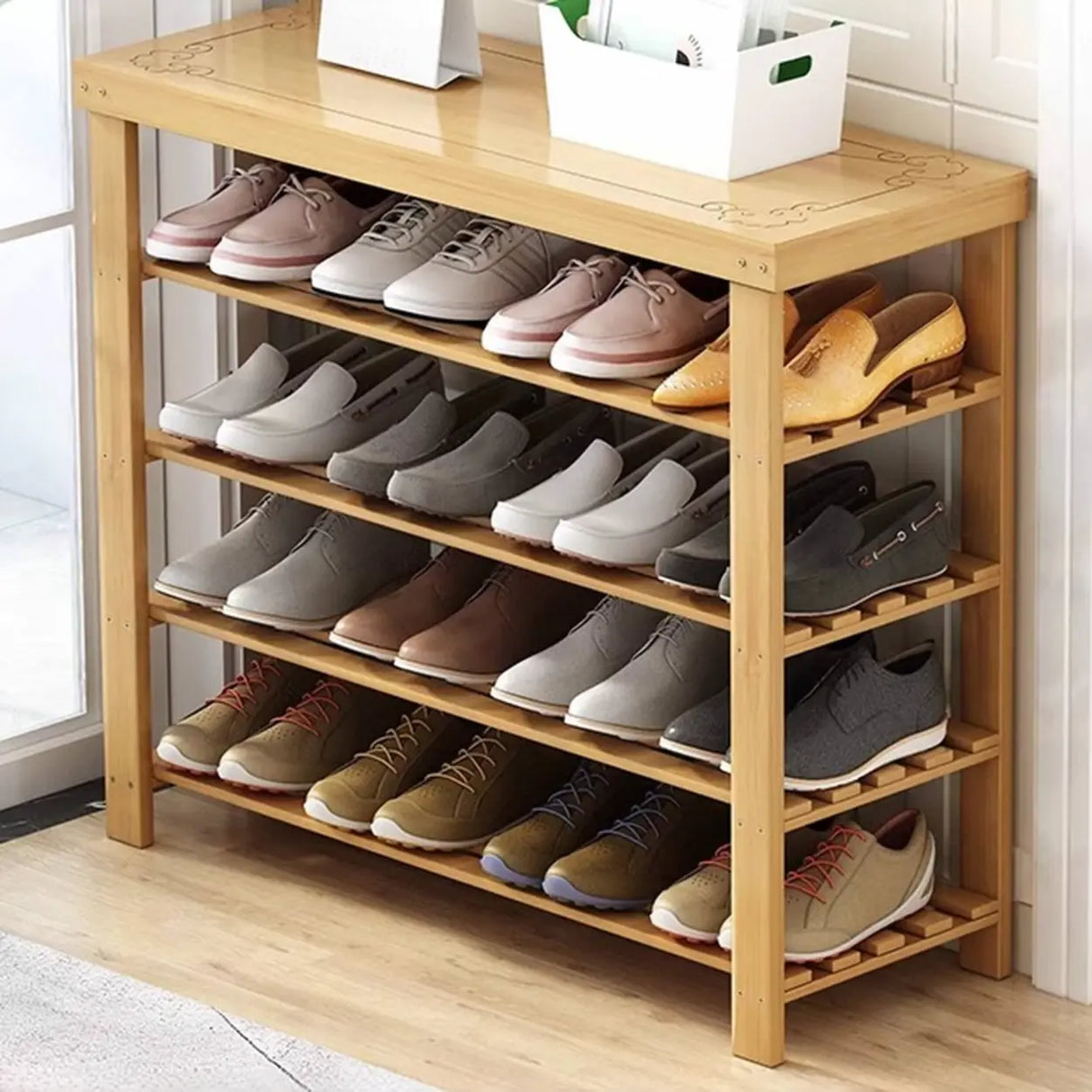 Freestanding Wood Bench Entryway Brown Medium Shoe Rack Image - 13