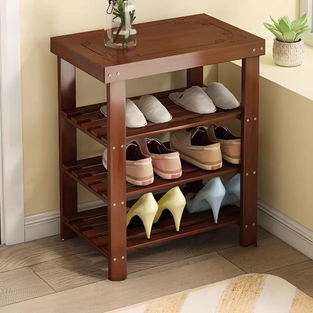 Freestanding Wood Bench Entryway Brown Medium Shoe Rack Image - 15