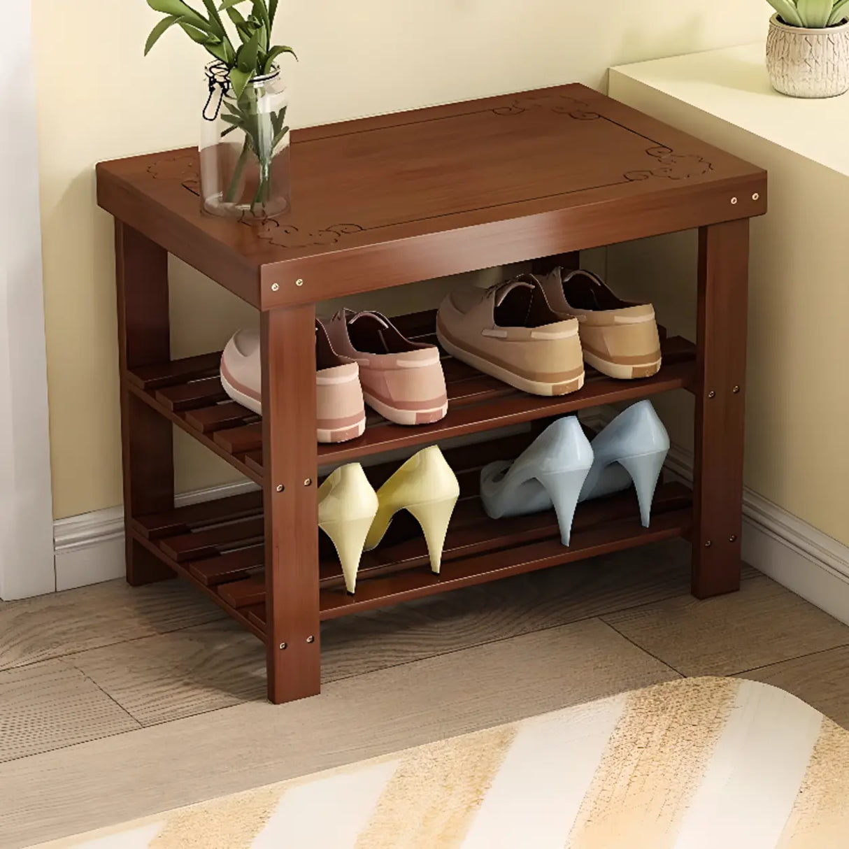 Freestanding Wood Bench Entryway Brown Medium Shoe Rack Image - 16