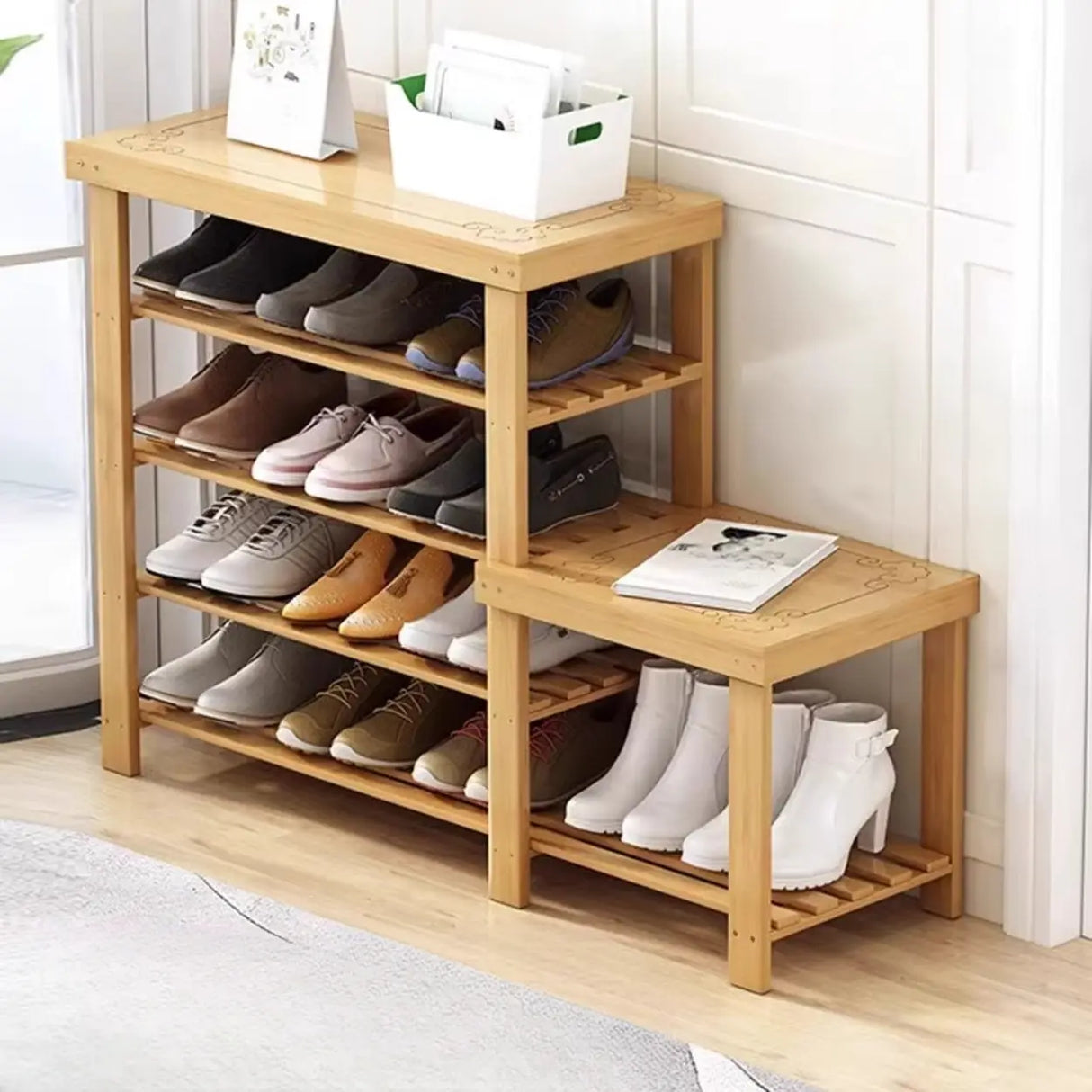 Freestanding Wood Bench Entryway Brown Medium Shoe Rack Image - 18